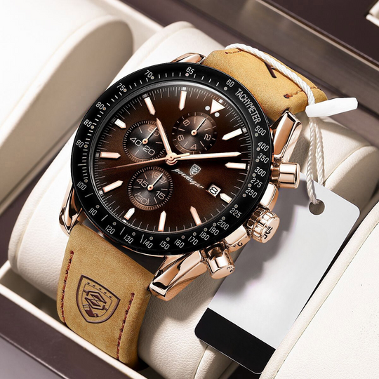 Men’s Sport Chronograph Quartz Watch | 44 mm Case | Date & Tachymeter Bezel | 3 ATM WR | Leather Strap