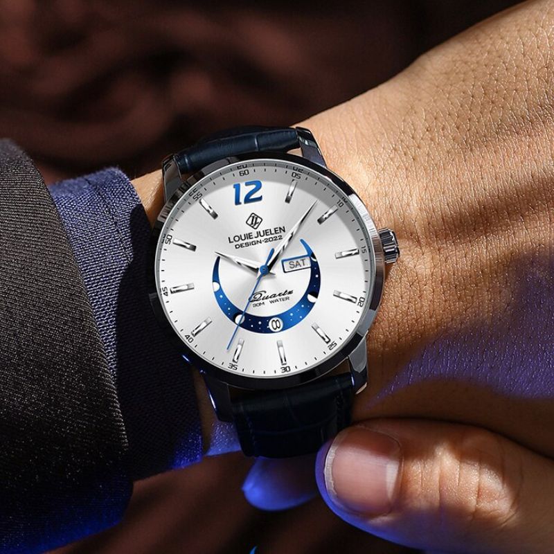 Men’s Elegant Moonphase Watch | 42 mm Case | Leather Strap | 3 ATM Water Resistant