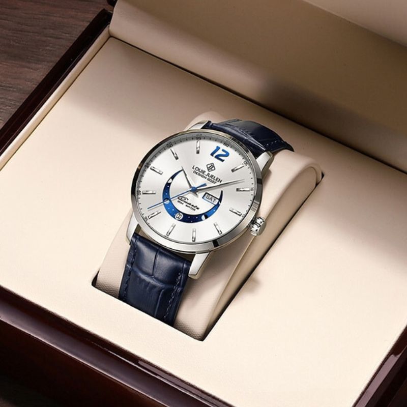Men’s Elegant Moonphase Watch | 42 mm Case | Leather Strap | 3 ATM Water Resistant