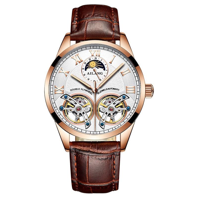 Men’s Automatic Mechanical Watch | 41 mm | Tourbillon-Style Dual Balance | Moon Phase | Leather Strap | 5 ATM Water Resistant