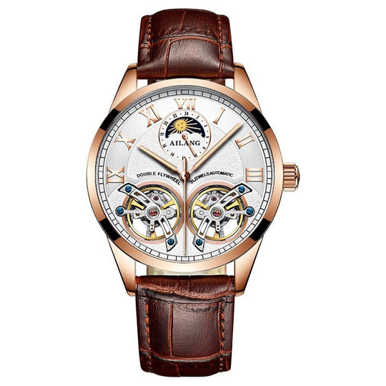 Men’s Automatic Mechanical Watch | 41 mm | Tourbillon-Style Dual Balance | Moon Phase | Leather Strap | 5 ATM Water Resistant