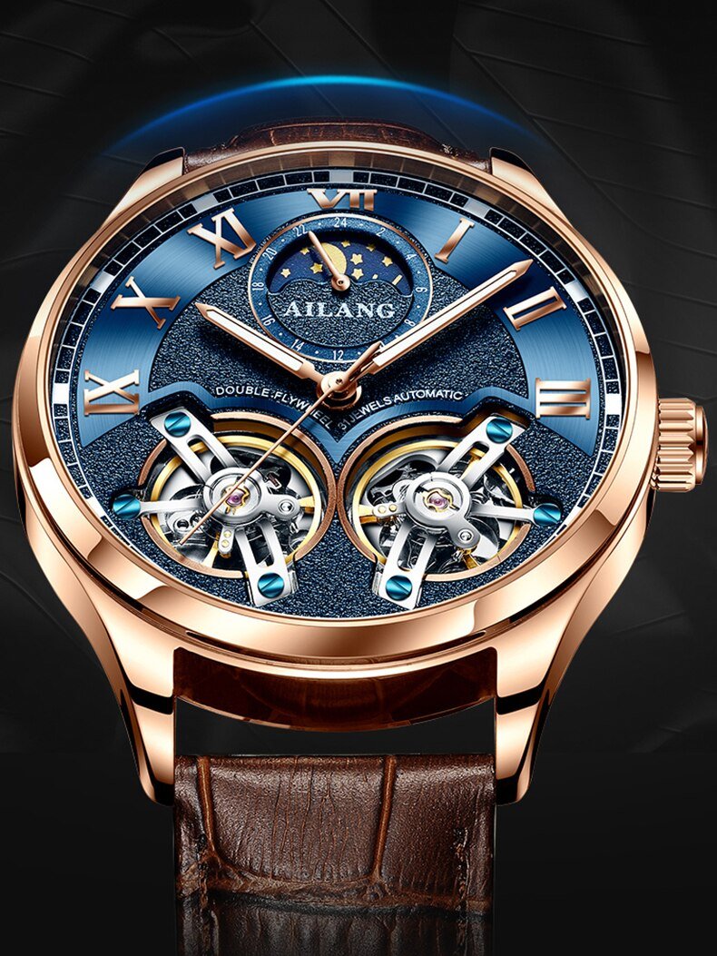 Men’s Automatic Mechanical Watch | 41 mm | Tourbillon-Style Dual Balance | Moon Phase | Leather Strap | 5 ATM Water Resistant