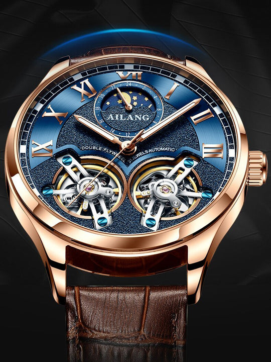 Men’s Automatic Mechanical Watch | 41 mm | Tourbillon-Style Dual Balance | Moon Phase | Leather Strap | 5 ATM Water Resistant
