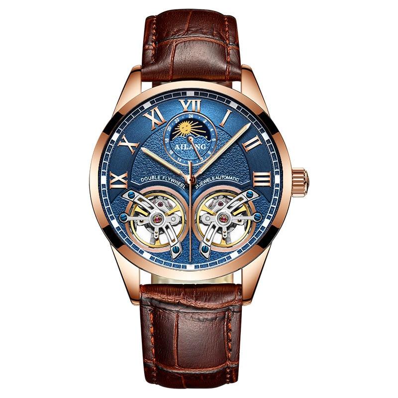 Men’s Automatic Mechanical Watch | 41 mm | Tourbillon-Style Dual Balance | Moon Phase | Leather Strap | 5 ATM Water Resistant