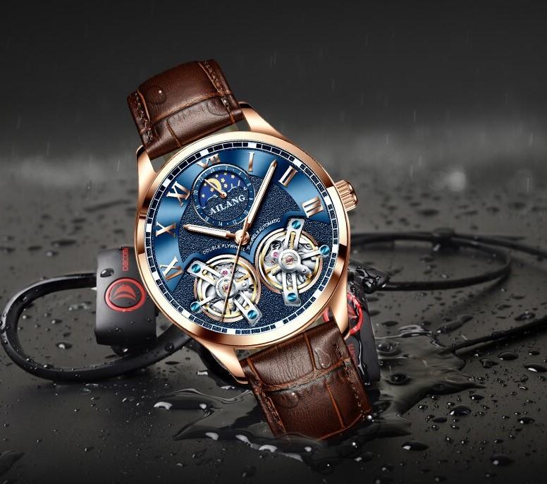Men’s Automatic Mechanical Watch | 41 mm | Tourbillon-Style Dual Balance | Moon Phase | Leather Strap | 5 ATM Water Resistant
