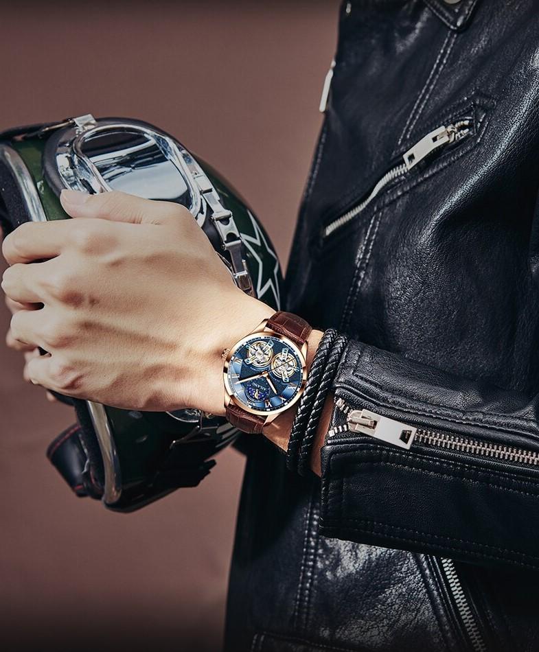 Men’s Automatic Mechanical Watch | 41 mm | Tourbillon-Style Dual Balance | Moon Phase | Leather Strap | 5 ATM Water Resistant