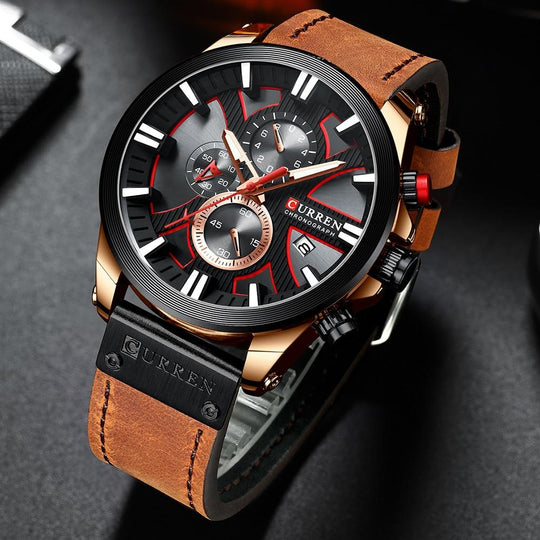Men’s Sport Chronograph Quartz Watch | 49 mm Oversize Case | Date Display | Water-Resistant | Leather Strap