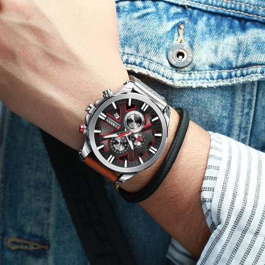 Men’s Sport Chronograph Quartz Watch | 49 mm Oversize Case | Date Display | Water-Resistant | Leather Strap