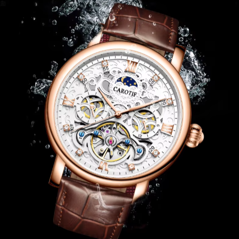 Men’s Automatic Skeleton Watch | 45 mm | Moonphase Dial | Leather Strap | 3 ATM Water Resistant